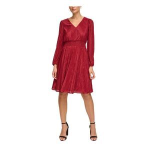 KENSIE DRESSES Womens Maroon Lined Waist Long Sleeve Fit + Flare Dress 4